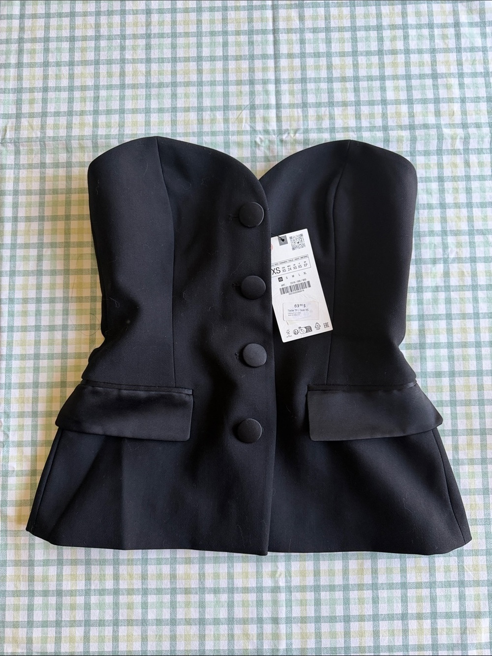 Strapless Black Peplum Button-Front Bustier Top